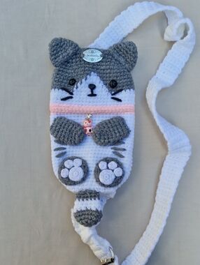 Unisex Grey & White Cat Crossbody Pouch with Pink Accent Handmade